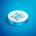 Isometric line Telephone icon isolated on blue background. Landline phone. White circle button. Vector Royalty Free Stock Photo