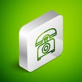 Isometric line Telephone icon isolated on green background. Landline phone. Silver square button. Vector Illustration.