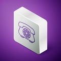 Isometric line Telephone icon isolated on purple background. Landline phone. Silver square button