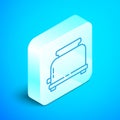 Isometric line Toaster with toasts icon isolated on blue background. Silver square button. Vector