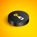 Isometric line Toothbrush icon isolated on yellow background. Black circle button. Vector