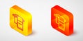 Isometric line Towel on hanger icon isolated on grey background. Bathroom towel icon. Yellow and orange square button