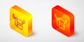 Isometric line Towel on a hanger icon isolated on grey background. Bathroom towel icon. Yellow and orange square button