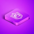 Isometric line Travel suitcase with shield icon isolated on purple background. Traveling baggage insurance. Security Royalty Free Stock Photo