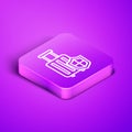 Isometric line Travel suitcase with shield icon isolated on purple background. Traveling baggage insurance. Security Royalty Free Stock Photo