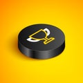 Isometric line Trophy cup icon isolated on yellow background. Award symbol. Champion cup icon. Black circle button