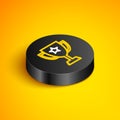 Isometric line Trophy cup icon isolated on yellow background. Award symbol. Champion cup icon. Black circle button