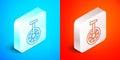 Isometric line Unicycle or one wheel bicycle icon isolated on blue and red background. Monowheel bicycle. Silver square