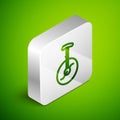 Isometric line Unicycle or one wheel bicycle icon isolated on green background. Monowheel bicycle. Silver square button