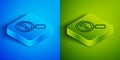 Isometric line Unknown search icon isolated on blue and green background. Magnifying glass and question mark. Square