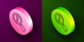 Isometric line Unknown search icon isolated on purple and green background. Magnifying glass and question mark. Circle