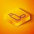 Isometric line USB flash drive icon isolated on orange background. Yellow square button. Vector Illustration Royalty Free Stock Photo