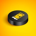 Isometric line Video graphic card icon isolated on yellow background. Black circle button. Vector Royalty Free Stock Photo