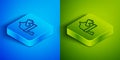Isometric line Viking in horned helmet icon isolated on blue and green background. Square button. Vector