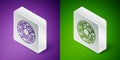 Isometric line Vitamin complex of pill capsule icon isolated on purple and green background. Healthy lifestyle. Silver