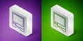 Isometric line Voice assistant icon isolated on purple and green background. Voice control user interface smart speaker Royalty Free Stock Photo