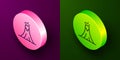 Isometric line Volcano eruption with lava icon isolated on purple and green background. Circle button. Vector