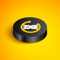 Isometric line Waiting icon isolated on yellow background. Wait time icon. Hourglass clock. Black circle button. Vector