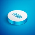 Isometric line Wallet icon isolated on blue background. Purse icon. Cash savings symbol. White circle button. Vector Royalty Free Stock Photo
