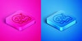 Isometric line Washing dishes icon isolated on pink and blue background. Cleaning dishes icon. Dishwasher sign. Clean