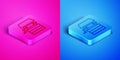 Isometric line Well with a bucket and drinking water icon isolated on pink and blue background. Square button. Vector