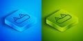 Isometric line Whale tail in ocean wave icon isolated on blue and green background. Square button. Vector