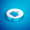 Isometric line Wicker fence of thin rods with old clay jars icon isolated on blue background. White circle button