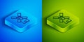 Isometric line Windmill icon isolated on blue and green background. Square button. Vector Royalty Free Stock Photo