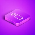 Isometric line Wireless smartphone icon isolated on purple background. Purple square button. Vector