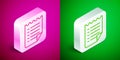 Isometric line Wish list template icon isolated on pink and green background. Silver square button. Vector