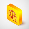 Isometric line World time icon isolated on grey background. Clock and globe. Yellow square button. Vector
