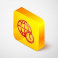 Isometric line World time icon isolated on grey background. Clock and globe. Yellow square button. Vector