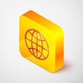 Isometric line Worldwide icon isolated on grey background. Pin on globe. Yellow square button. Vector Illustration