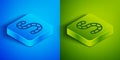 Isometric line Worm icon isolated on blue and green background. Fishing tackle. Square button. Vector