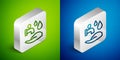 Isometric line Wudhu icon isolated on green and blue background. Muslim man doing ablution. Silver square button. Vector