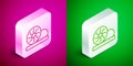 Isometric line Xiao long bao or steamed dumplings icon isolated on pink and green background. Chinese food. Silver