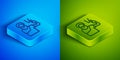 Isometric line Zeus icon isolated on blue and green background. Greek god. God of Lightning. Square button. Vector