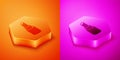 Isometric Lipstick icon isolated on orange and pink background. Hexagon button. Vector