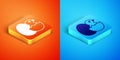 Isometric Little chick in cracked egg icon isolated on orange and blue background. Vector