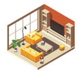 Isometric living room interior. Cartoon apartment with furniture, modern domestic room with sofa and armchair, home Royalty Free Stock Photo