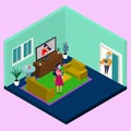 Isometric living room interior with a male vector concept delivering food to women