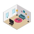 Isometric living room with white walls, windows and furnishings Royalty Free Stock Photo