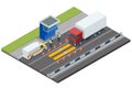 Isometric loaded trailer truck on weighbridge. Weighing control platform. Container car on the weighing scale. Cargo