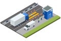 Isometric loaded trailer truck on weighbridge. Weighing control platform. Container car on the weighing scale. Cargo