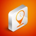 Isometric Location with clock icon isolated on orange background. Silver square button. Vector Royalty Free Stock Photo