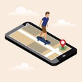 Isometric location. Mobile geo tracking. Man riding a skateboard. Mobile geo tracking. Map.