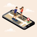 Isometric location. Mobile geo tracking. Woman and man riding a skateboard. Mobile geo tracking. Map.