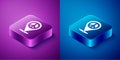 Isometric Location peace icon isolated on blue and purple background. Hippie symbol of peace. Square button. Vector
