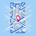 Isometric location track app on touchscreen smartphone. Street map with GPS Navigation. City navigation map with pin. Royalty Free Stock Photo