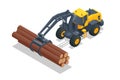 Isometric Log Loader. Loading equipment for logging. Log loader for timber, logs. The log loader moves a stack of pine